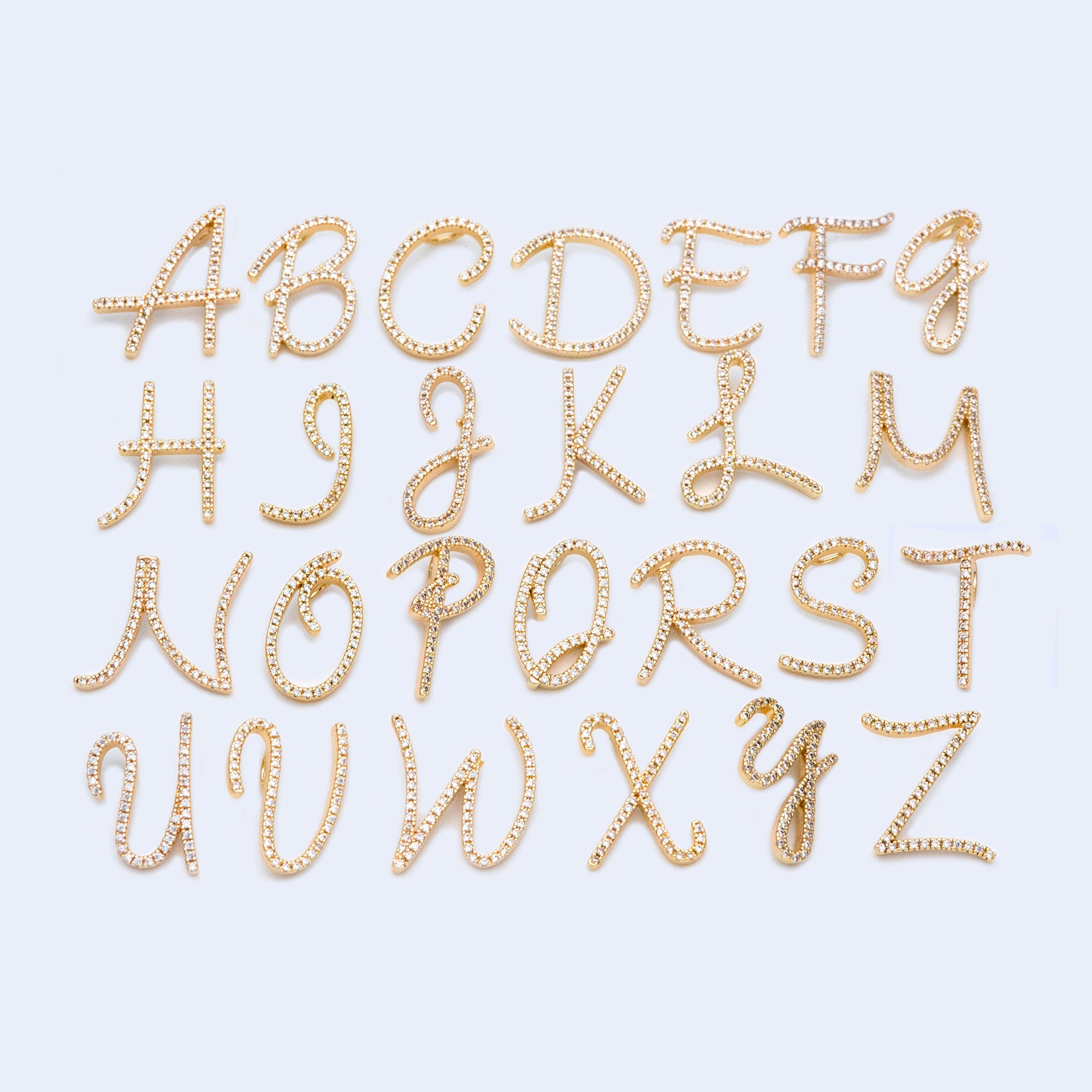 CZ Pave Gold Alphabet Pendants, 18K Gold plated Brass, Personalized Initial Charms, English Letter in Cursive, You Choose Letter (GB-1140)