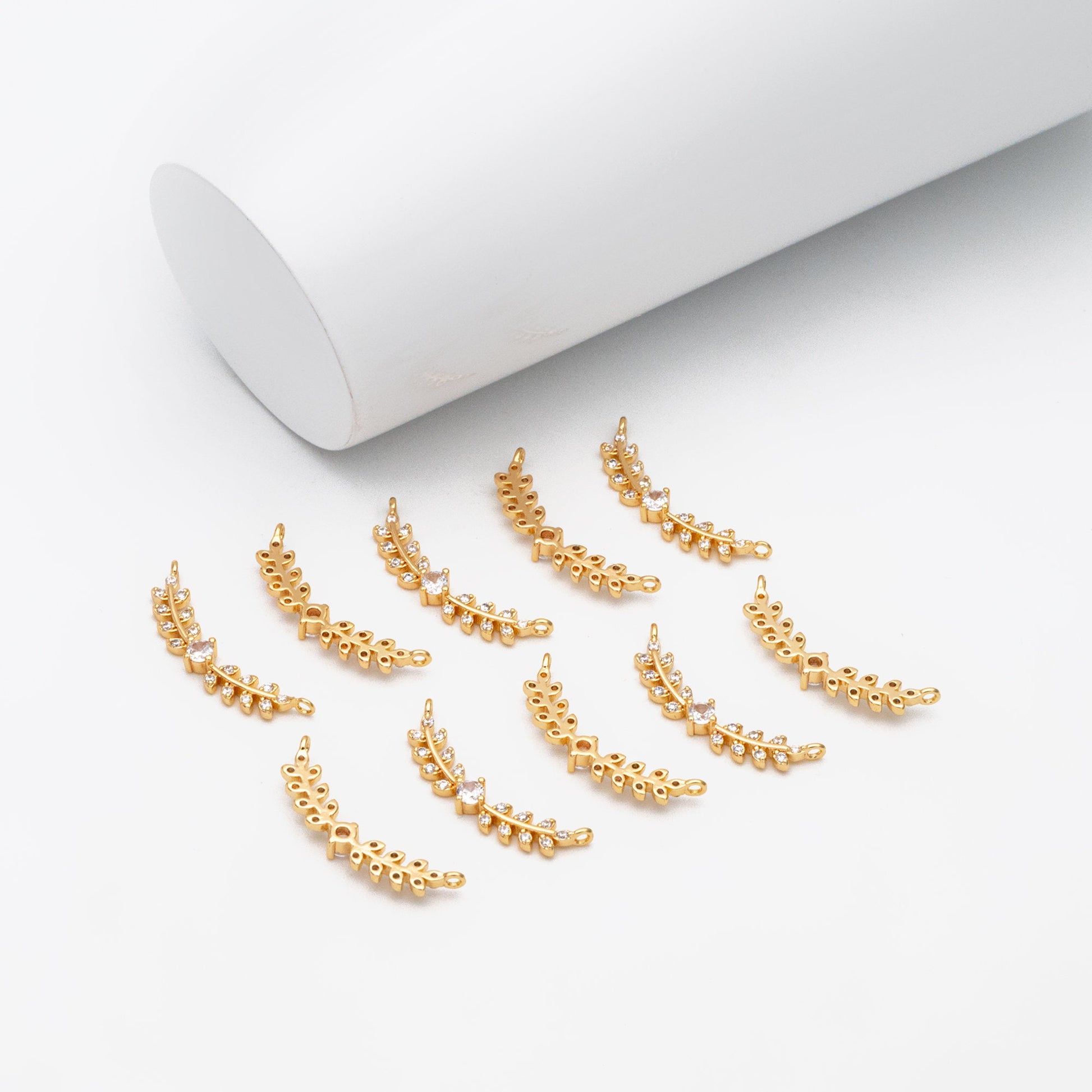 4pcs CZ Pave Gold/ Silver Leaf Charm Connector 26x9mm, Gold/ Rhodium plated Brass, Cubic Zirconia Setting Diy Supplies (#GB-3669-C)