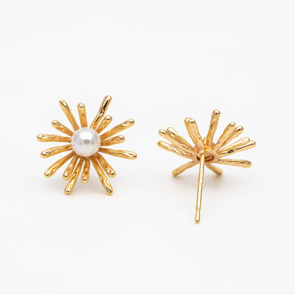 10pcs Gold Fireworks Ear Posts, Pearl Earring Mounts, Half Drilled Pearls Earring Settings (GB-3689)