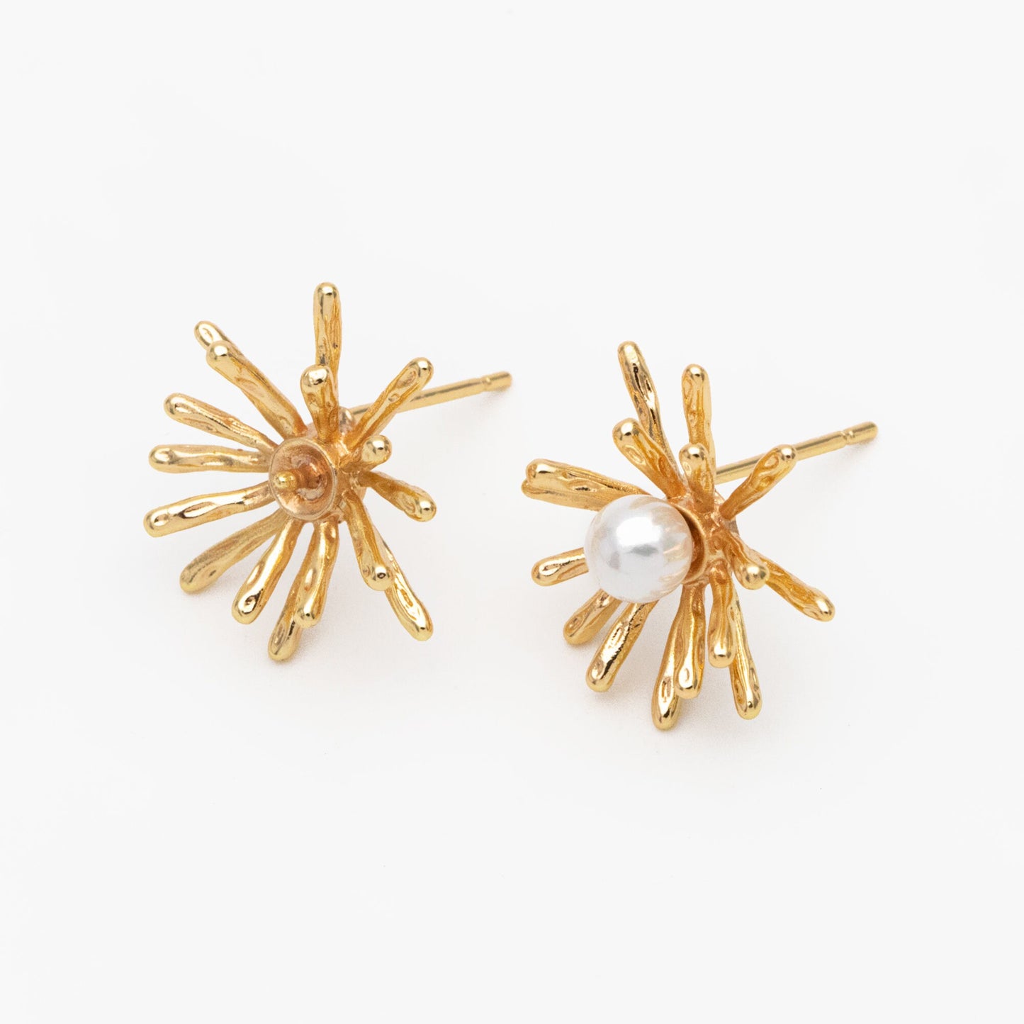 10pcs Gold Fireworks Ear Posts, Pearl Earring Mounts, Half Drilled Pearls Earring Settings (GB-3689)