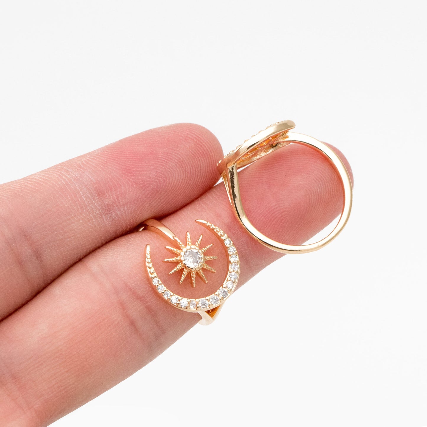 4pcs CZ Pave Gold Sun and Moon Ring, Celestial Ring, Dainty Rings, Adjustable Ring, Open Band Statement Ring (#GB-3727)