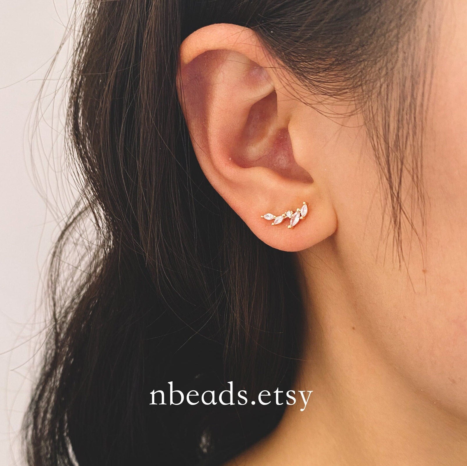 4pcs Leaf Stud Earrings, 18K Gold Plated Brass, CZ Pave Branch Earrings (GB-3369)