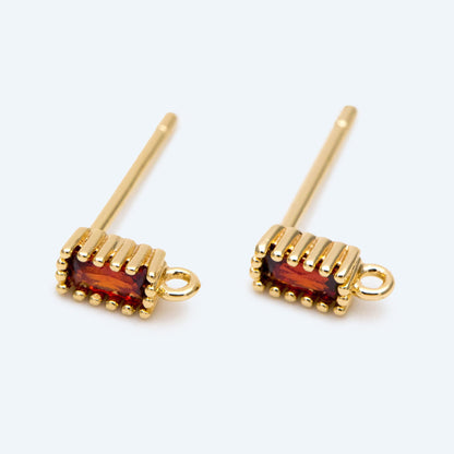 10pcs CZ Pave Rectangle Earring Stud with Loop, Emerald, Clear, Red, Blue, Geometric Earring Findings (#GB-2100)