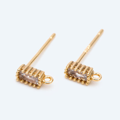 10pcs CZ Pave Rectangle Earring Stud with Loop, Emerald, Clear, Red, Blue, Geometric Earring Findings (#GB-2100)