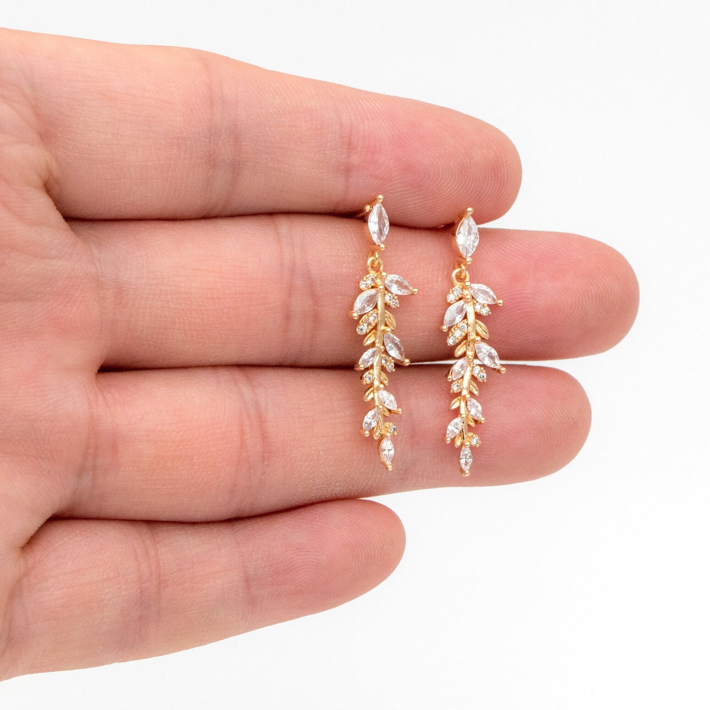 4pcs CZ Pave Gold Leaf Earring Posts, Gold Plated Brass, Leaf Dangle Earrings (GB-3690)