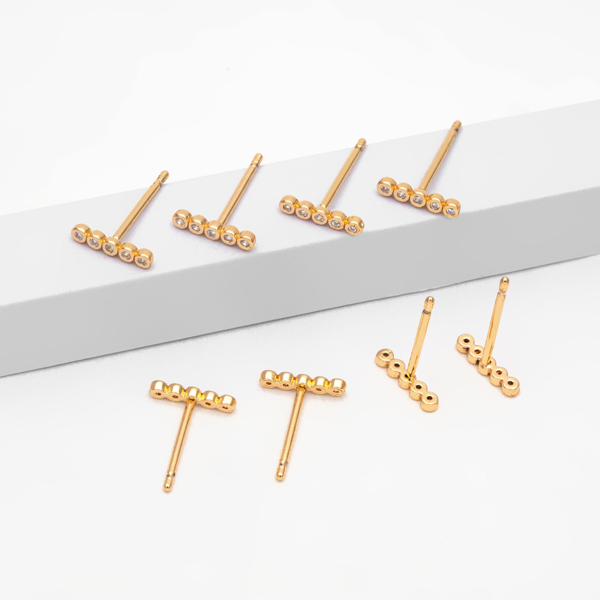 10pcs CZ Pave Bar Earrings, Real Gold/ Rhodium Plated Brass Minimalist Stud Earrings (#GB-3693)