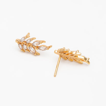 4pcs CZ Pave Gold Leaf Earring Posts, Gold Plated Brass, Dainty Leaf Stud Earrings (GB-3698)