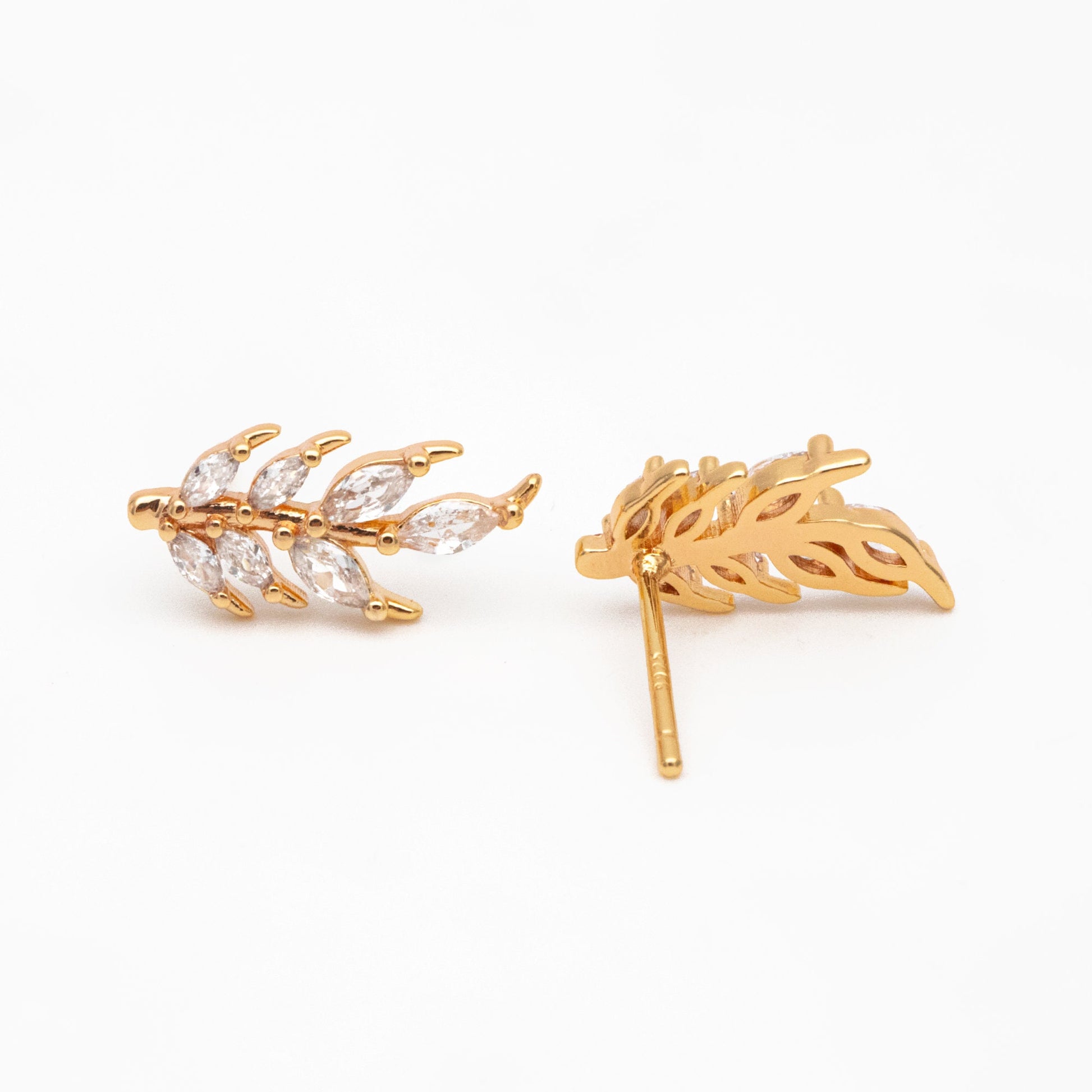 4pcs CZ Pave Gold Leaf Earring Posts, Gold Plated Brass, Dainty Leaf Stud Earrings (GB-3698)