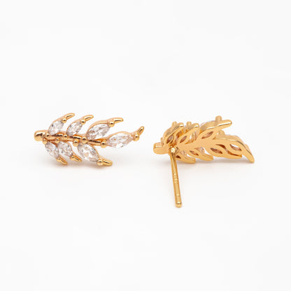 4pcs CZ Pave Gold Leaf Earring Posts, Gold Plated Brass, Dainty Leaf Stud Earrings (GB-3698)