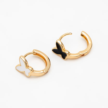4pcs Gold Enamel Butterfly Hoop Earrings, 18K Gold plated Brass, Minimalist Huggie Earrings (GB-3839-B)