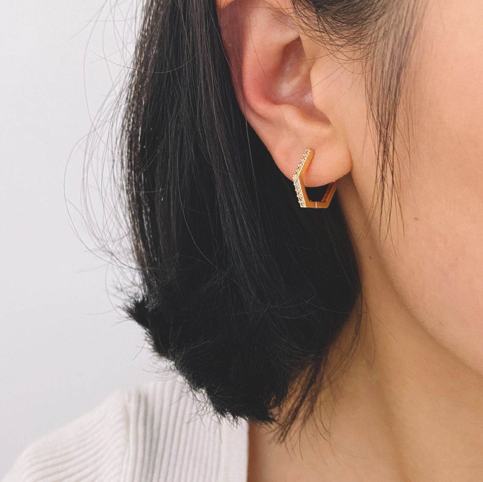 4pcs Gold Hexagon Huggie Earrings, Cubic Zirconia Hoop Earrings, CZ pave Gold Huggies, Geometric Hoop Earrings (GB-2885)