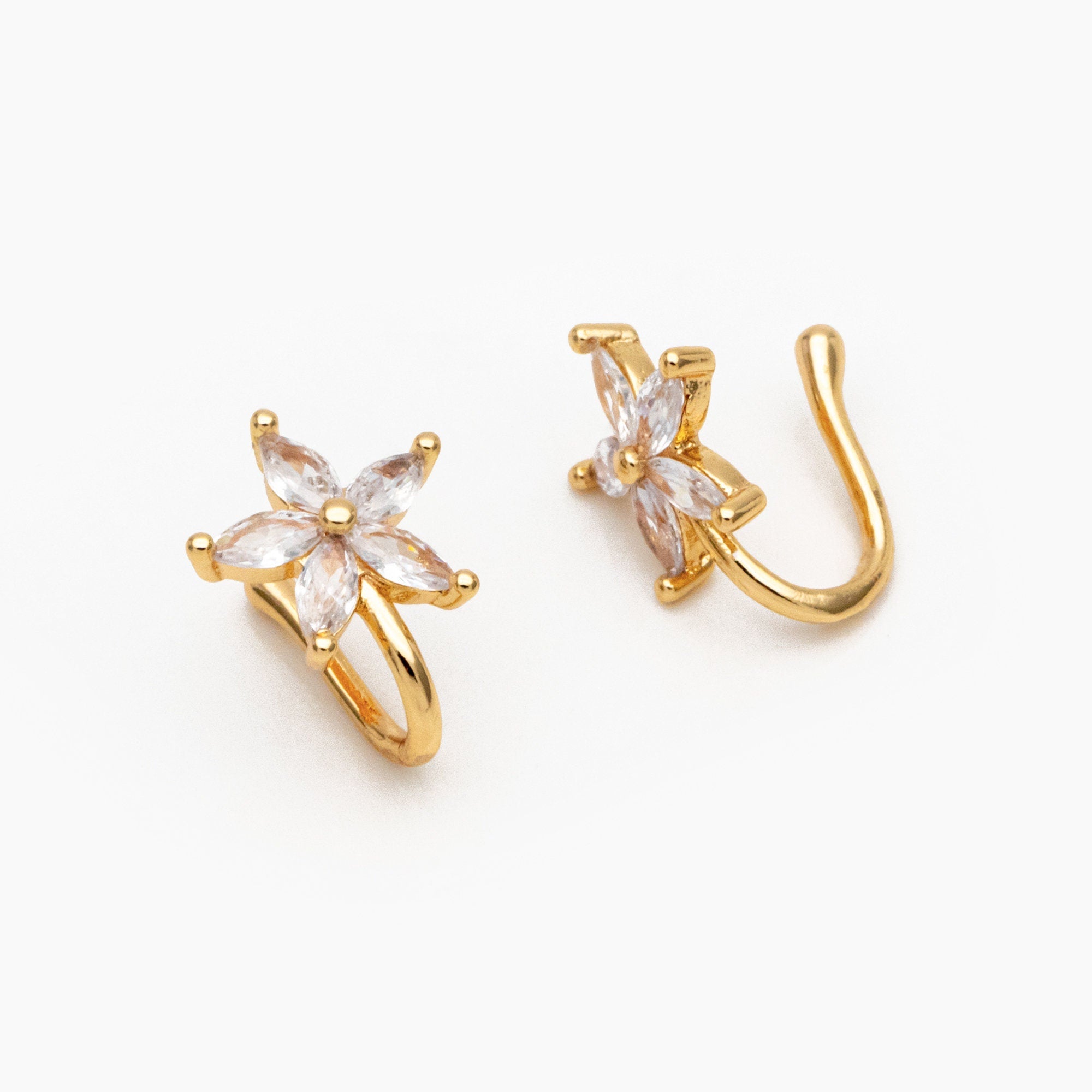 4pcs CZ Pave Gold Flower Nose Cuff, Non Piercing Nose Cuff, Gold plated Brass, Adjustable Fake Nose Rings, Dainty Nose Jewelry (GB-3709-H)