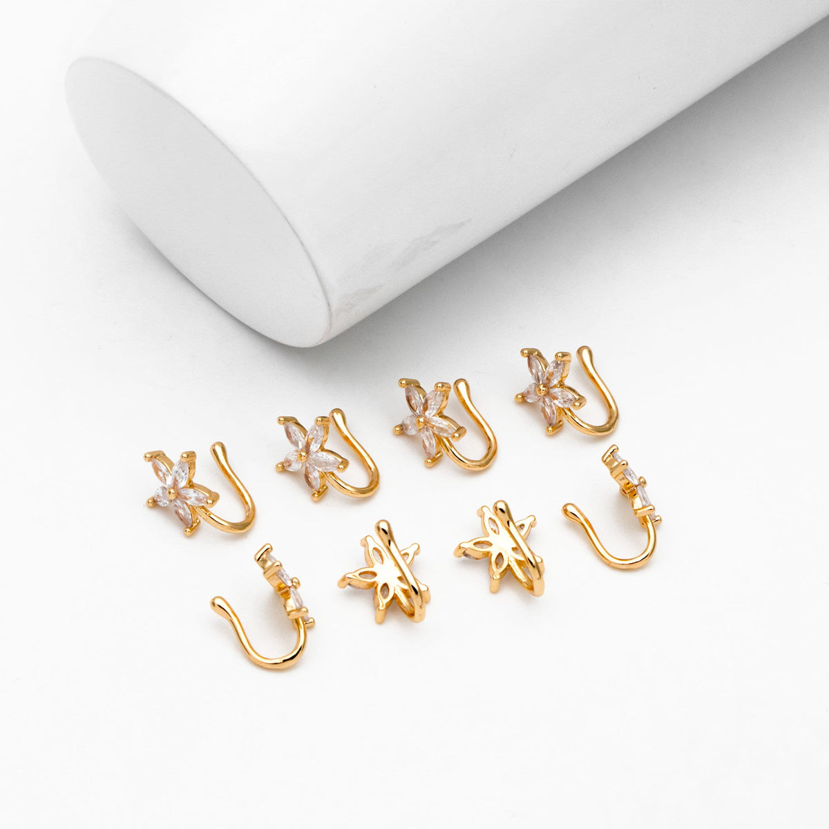4pcs CZ Pave Gold Flower Nose Cuff, Non Piercing Nose Cuff, Gold plated Brass, Adjustable Fake Nose Rings, Dainty Nose Jewelry (GB-3709-H)