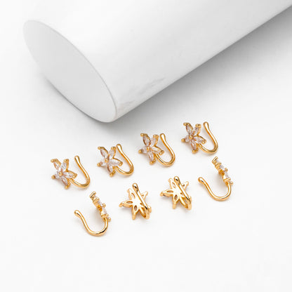 4pcs CZ Pave Gold Flower Nose Cuff, Non Piercing Nose Cuff, Gold plated Brass, Adjustable Fake Nose Rings, Dainty Nose Jewelry (GB-3709-H)