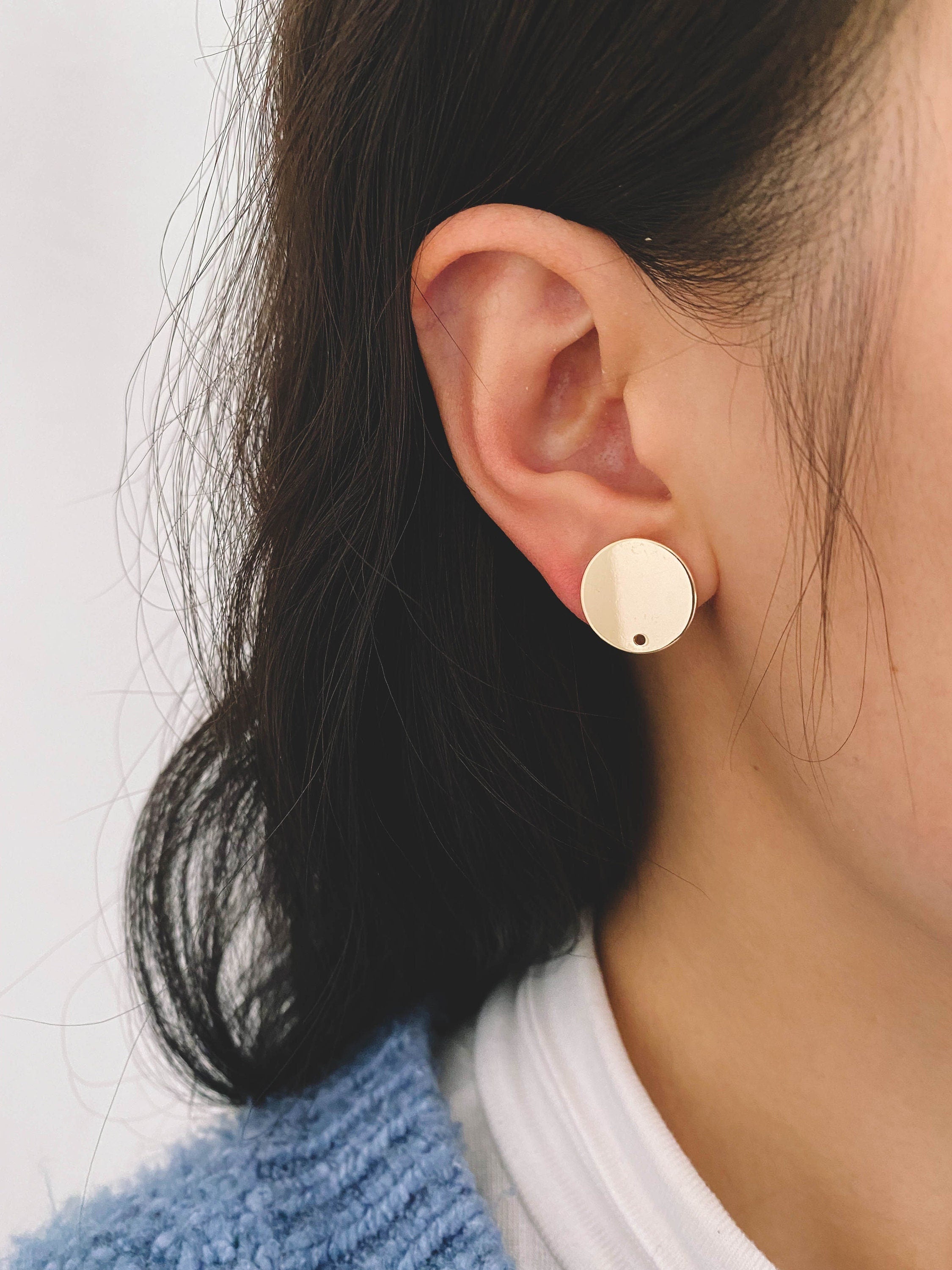 10pcs Gold/ Silver tone Round Disc Earring Posts 12/ 15mm, 18K Gold/ Rhodium plated Brass, Geometric Earring Components Wholesale (GB-624)