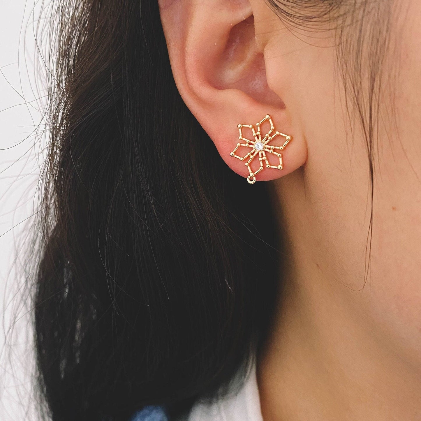 10pcs CZ Pave Snowflake Ear Posts 15mm, Real Gold Plated Brass Earrings, Sterling Silver Stud (GB-740)