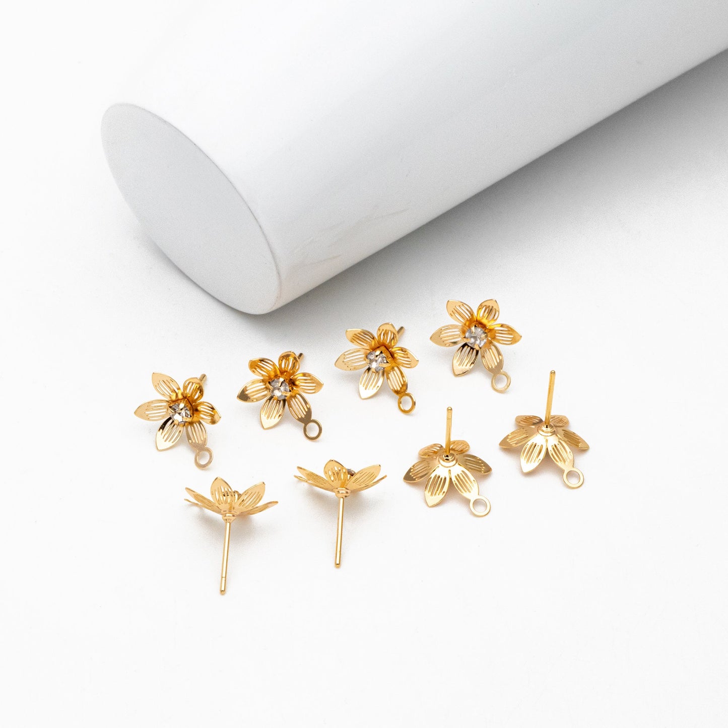 10pcs CZ Pave Gold Flower Earring with Loop, Gold Plated Brass, Jewelry Making, Diy Material, Jewelry Supplies (GB-3742)
