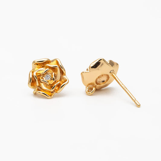 10pcs CZ Pave Gold/ Silver Rose Ear Post with Loop, 9mm, Gold/ Rhodium Plated Brass Flower Stud Earrings, DIY Ear Findings (GB-3743)