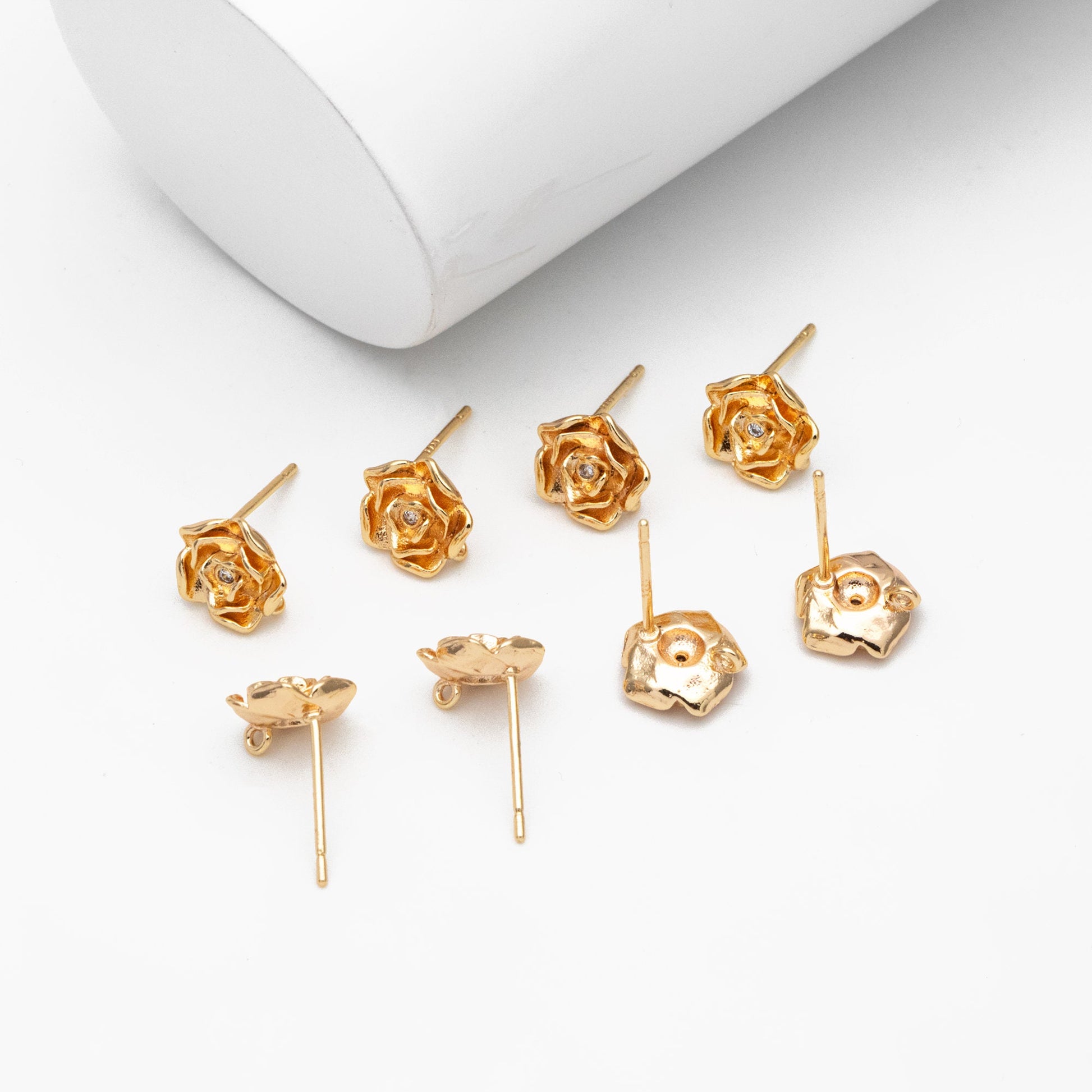 10pcs CZ Pave Gold/ Silver Rose Ear Post with Loop, 9mm, Gold/ Rhodium Plated Brass Flower Stud Earrings, DIY Ear Findings (GB-3743)