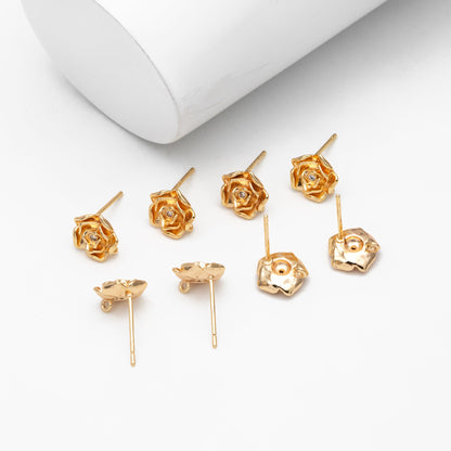 10pcs CZ Pave Gold/ Silver Rose Ear Post with Loop, 9mm, Gold/ Rhodium Plated Brass Flower Stud Earrings, DIY Ear Findings (GB-3743)