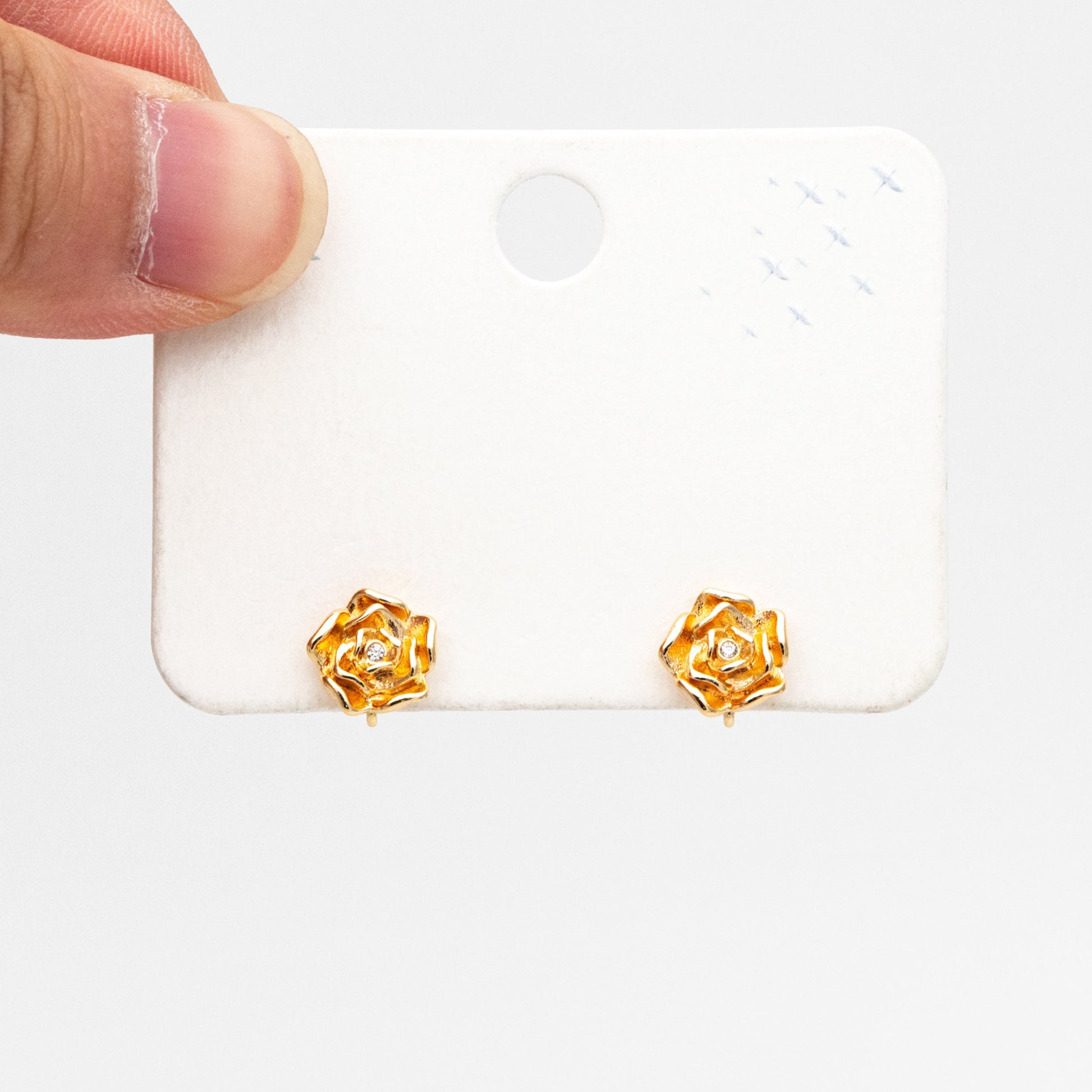 10pcs CZ Pave Gold/ Silver Rose Ear Post with Loop, 9mm, Gold/ Rhodium Plated Brass Flower Stud Earrings, DIY Ear Findings (GB-3743)