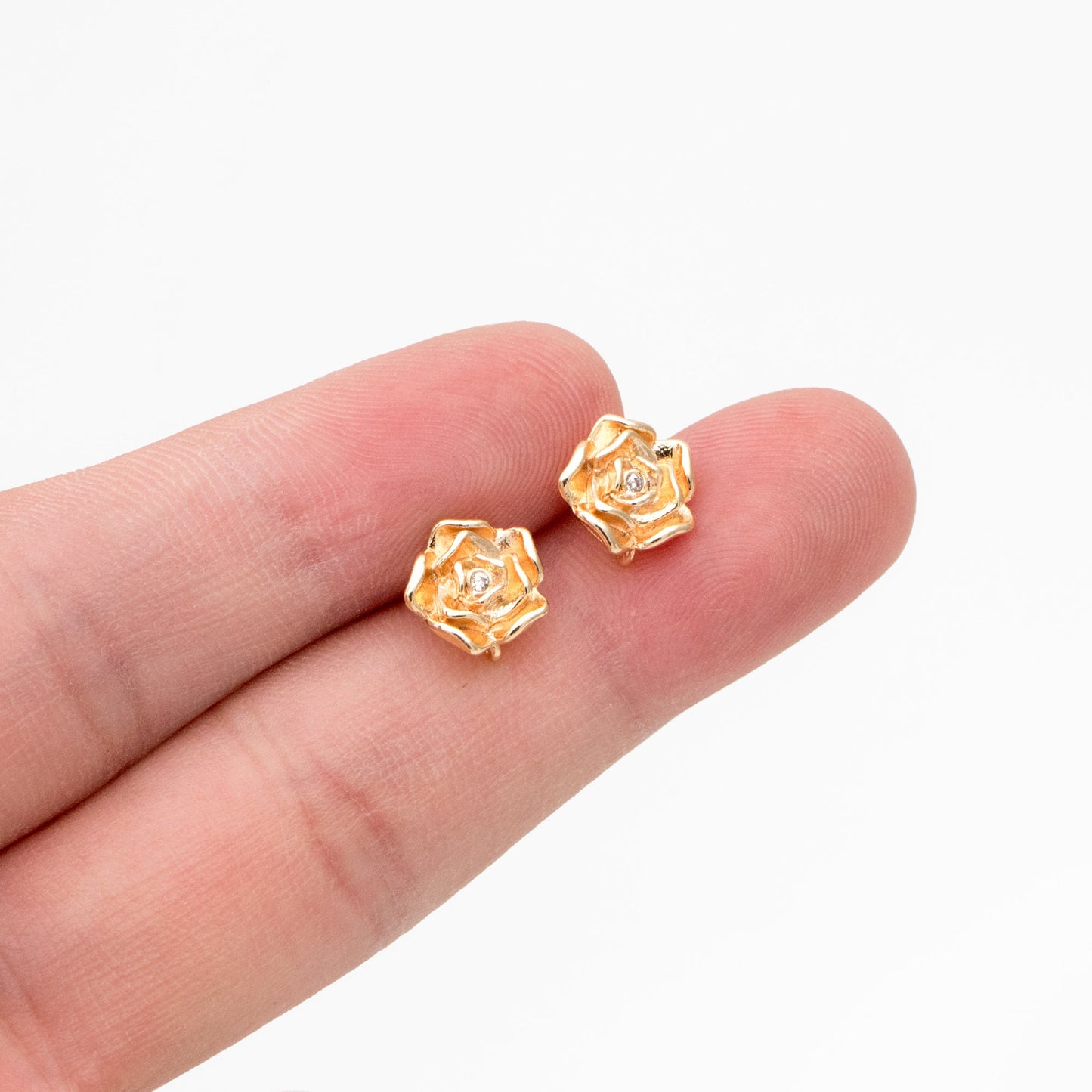 10pcs CZ Pave Gold/ Silver Rose Ear Post with Loop, 9mm, Gold/ Rhodium Plated Brass Flower Stud Earrings, DIY Ear Findings (GB-3743)