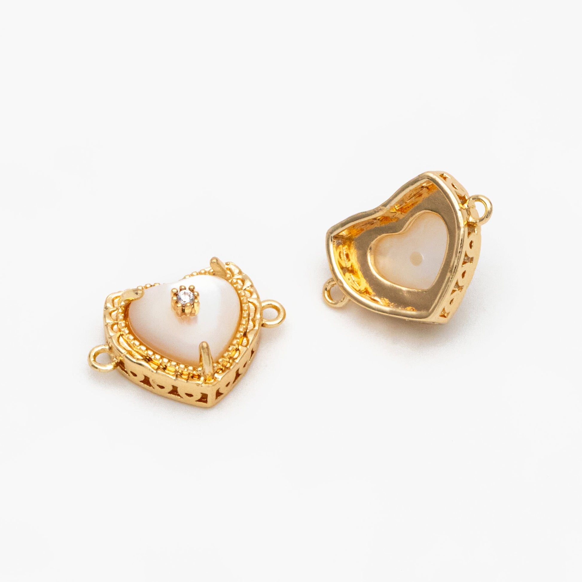 4pcs Shell Pave Gold Heart Connector, 18K Gold plated Brass, CZ Heart Charm Pendants (GB-3754)