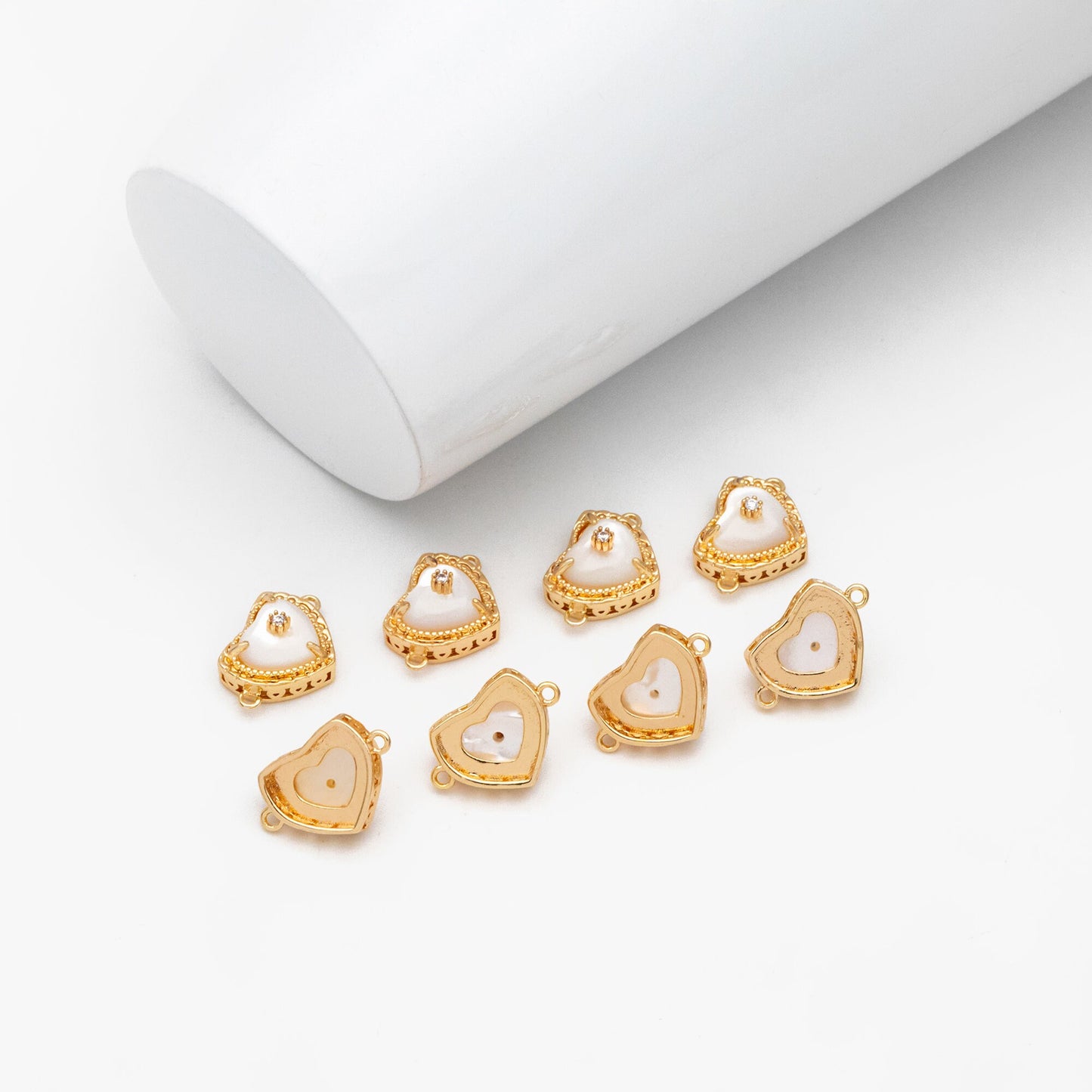 4pcs Shell Pave Gold Heart Connector, 18K Gold plated Brass, CZ Heart Charm Pendants (GB-3754)