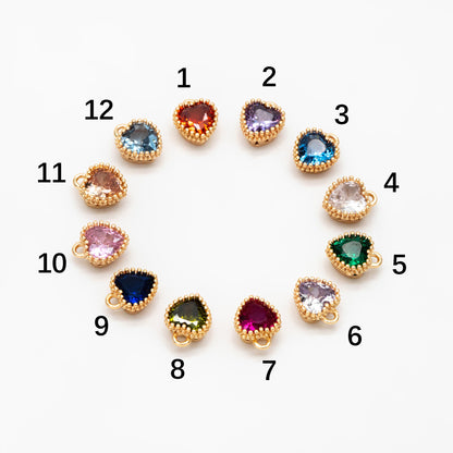10pcs CZ Pave Heart Birthstone Charms 8x6mm, Gold Plated Brass Crystal Charms, Diy Jewelry Making Supplies (GB-3755)