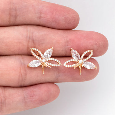 4pcs CZ Pave Gold Flower Ear Posts 15x19mm, Pearl Peg Earring Mounts, Foral Stud Earrings with Peg (GB-3083)