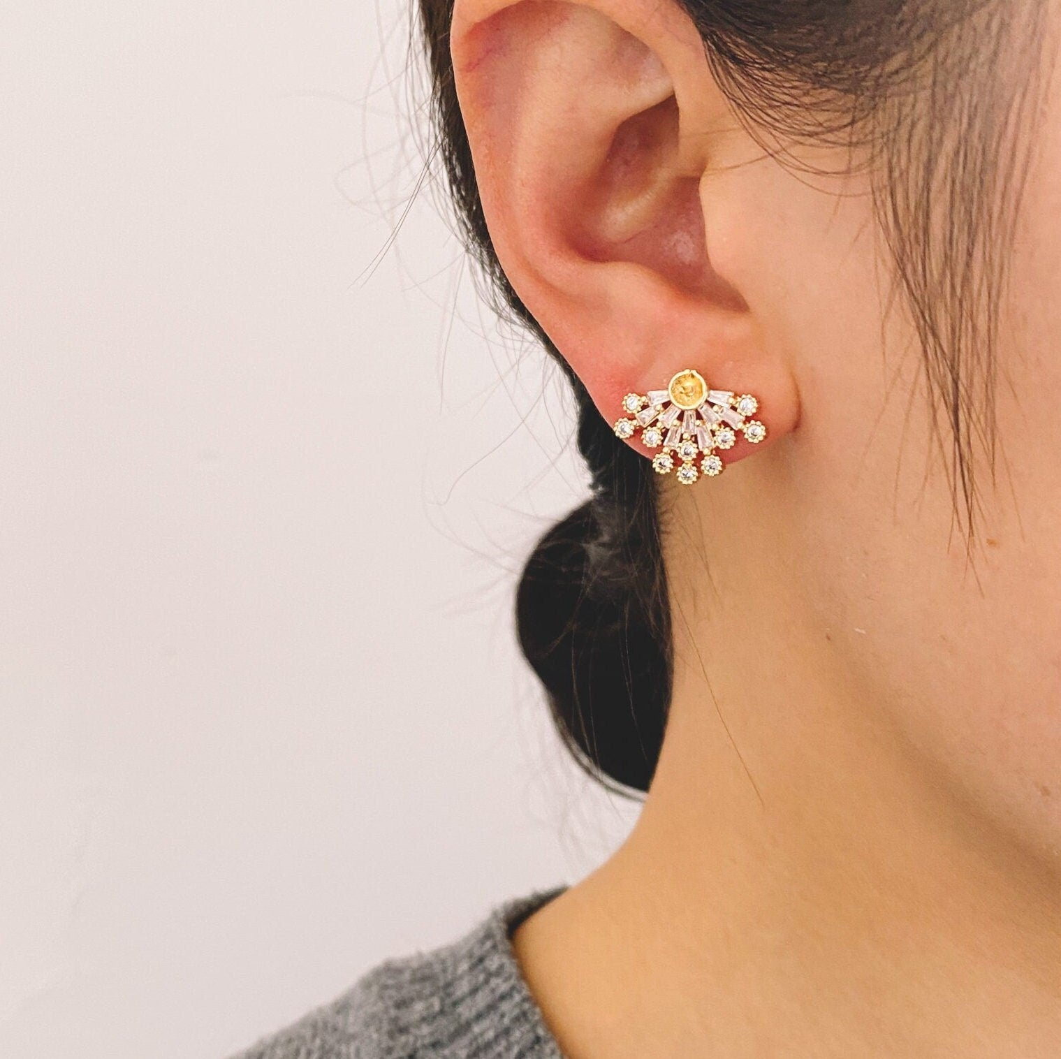 4pcs Gold CZ Pave Flower Earring 17x12mm, Pearl Peg Earring Mounts,Half Drilled Pearl Post Earring Settings (#GB-3148)