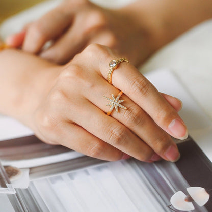 4pcs CZ Pave North Star Ring, Moon Ring, Celestial Ring, Modern Style Ring, Fashion Rings, Dainty Rings, Adjustable Ring (#JZ-024)