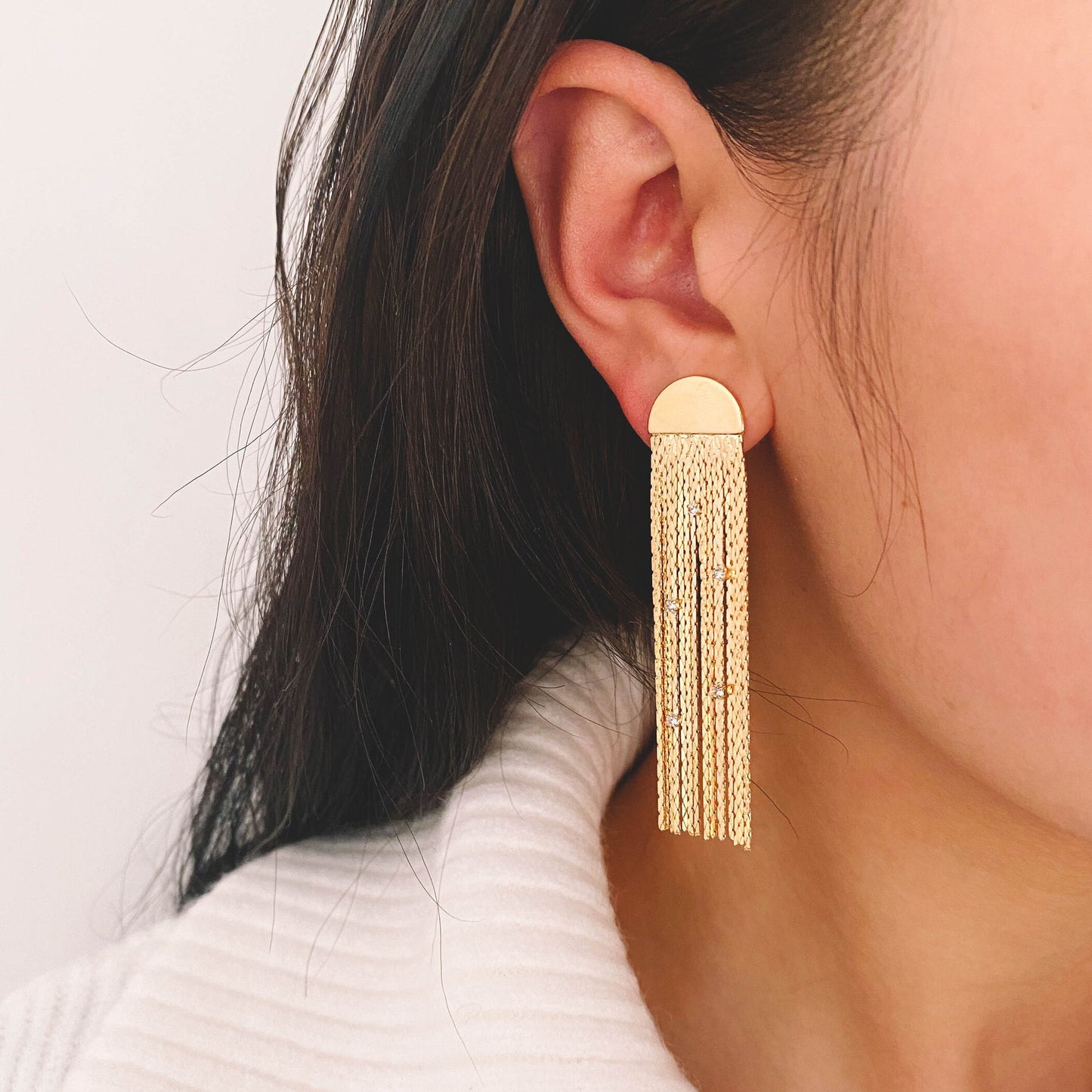 4pcs Gold Semi Circle Disc Tassel Ear Posts 63mm, 18K Gold plated Brass Dangling Stud Earring (GB-3442)