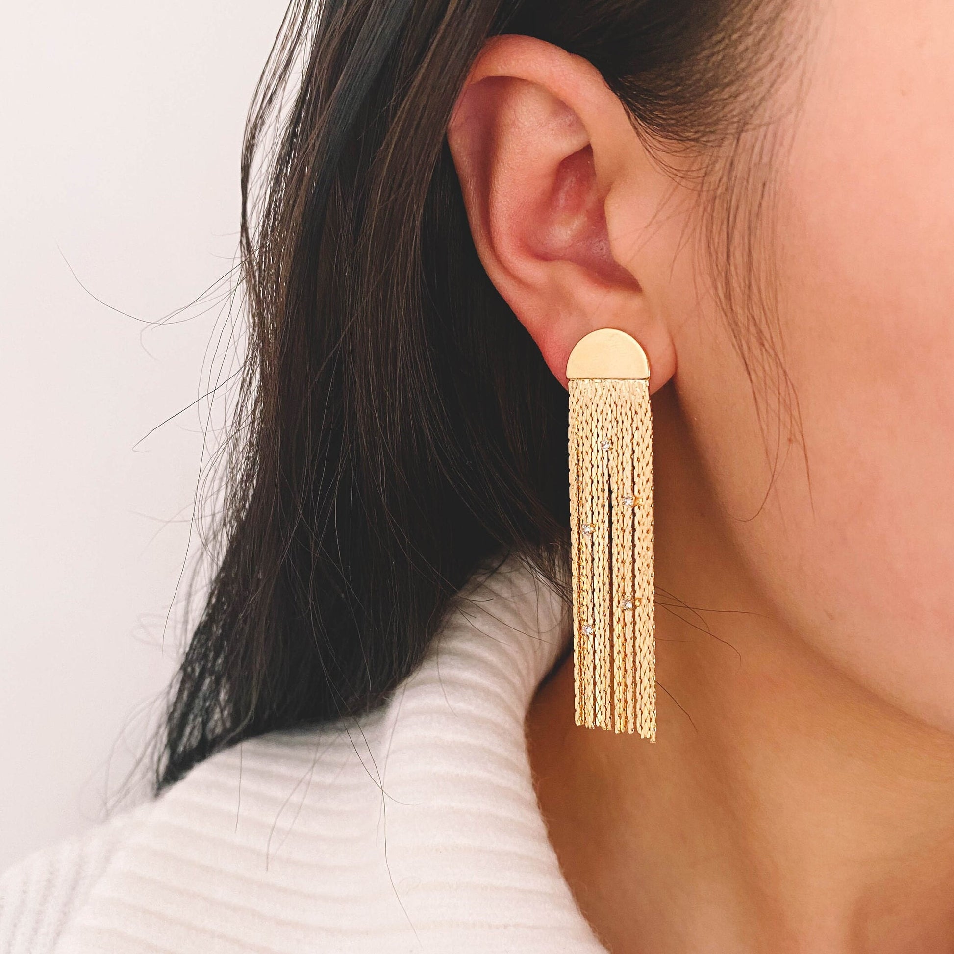 4pcs Gold Semi Circle Disc Tassel Ear Posts 63mm, 18K Gold plated Brass Dangling Stud Earring (GB-3442)