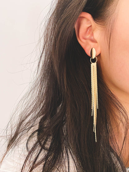 4pcs Gold Oval Disc Tassel Earring, 120mm, 18K Gold plated Brass Dangling Stud Earring (GB-3485)