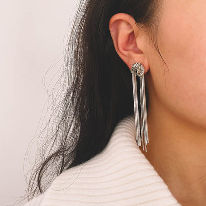 4pcs Gold /Silver Tone Knot Tassel Earring 88mm, 18K Gold/ Rhodium plated Brass, Long Chain Dangle Stud Earring (GB-3514)