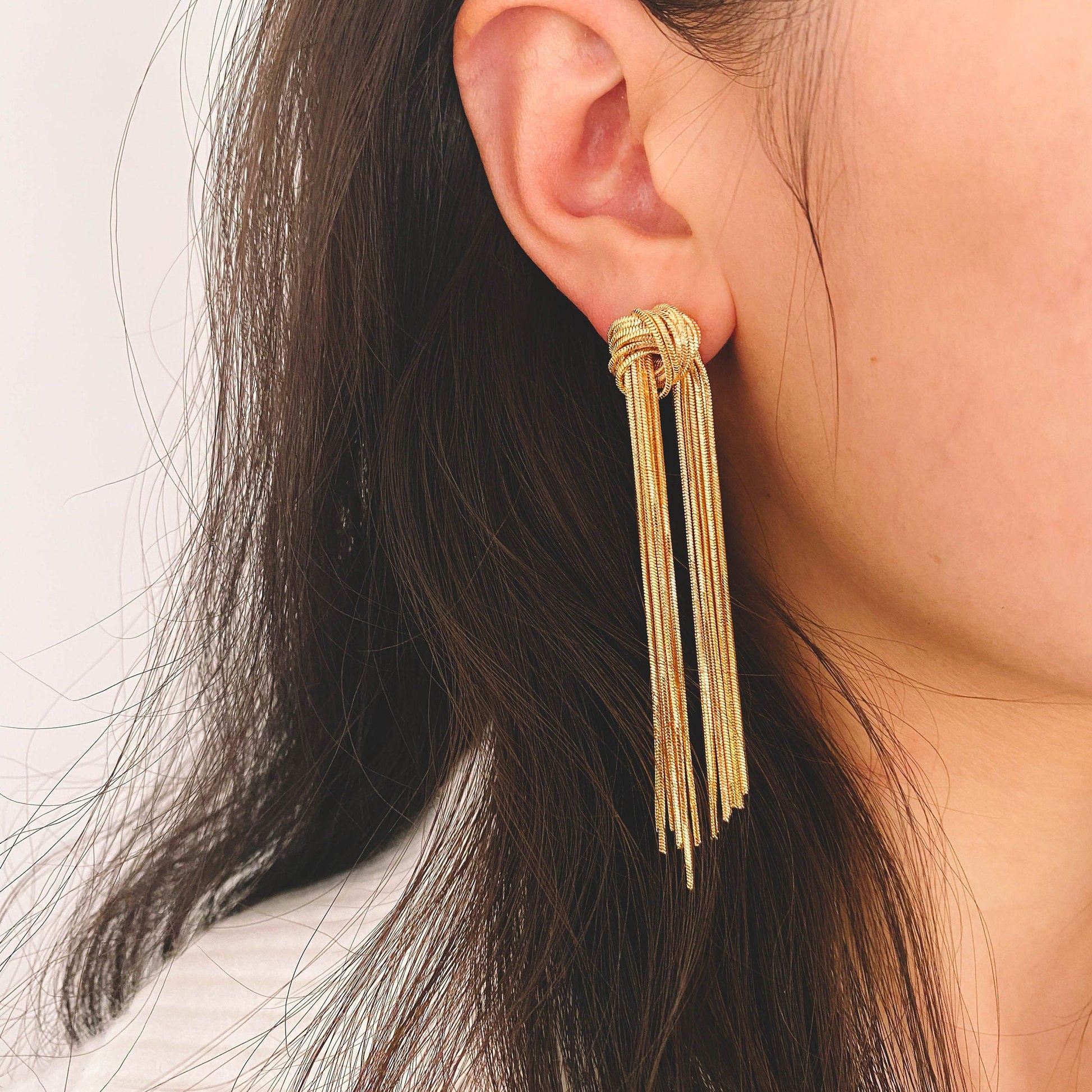 4pcs Gold /Silver Tone Knot Tassel Earring 88mm, 18K Gold/ Rhodium plated Brass, Long Chain Dangle Stud Earring (GB-3514)