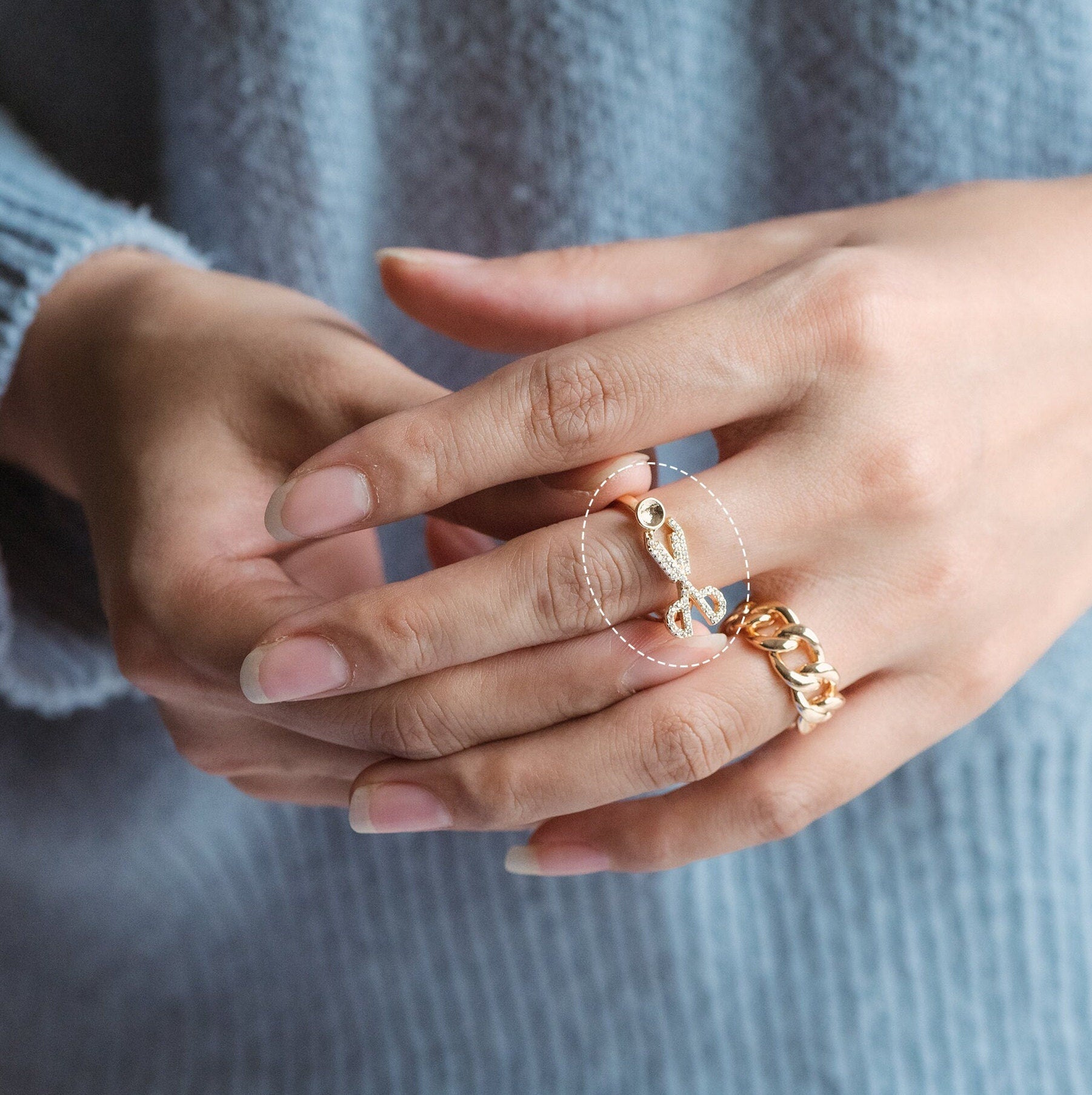 4pcs CZ Pave Gold Scissor Ring With Peg For Pearls Beads, Ring Finding (#GB-2247)