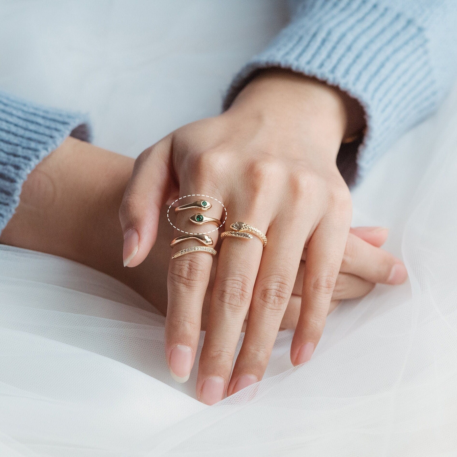 4pcs CZ Pave Gold Snake Adjustable Ring, Ring Findings (#GB-2467)