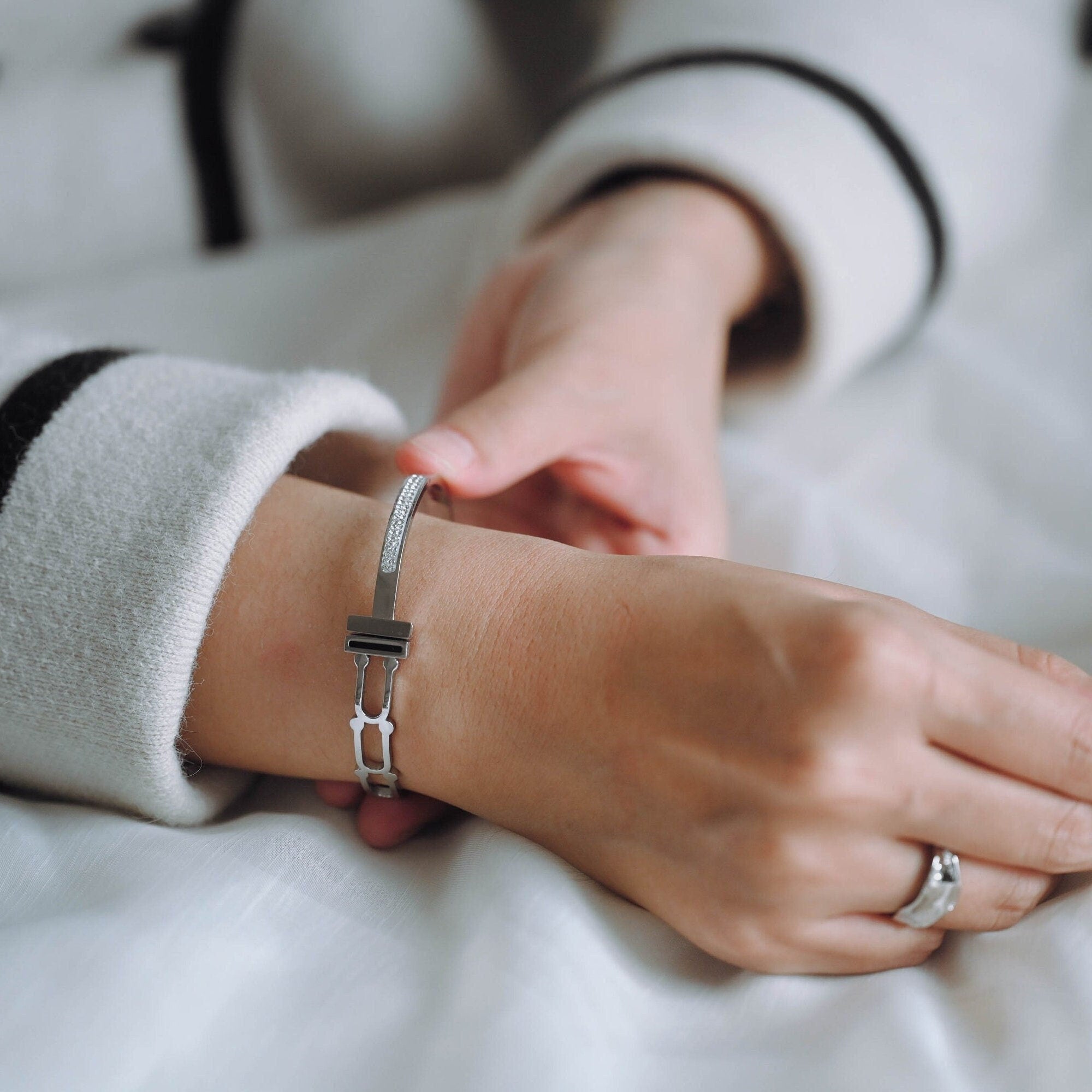 1pcs CZ Pave Simple Bangle Bracelet, 316 Stainless Steel Bracelet (GB-2860)