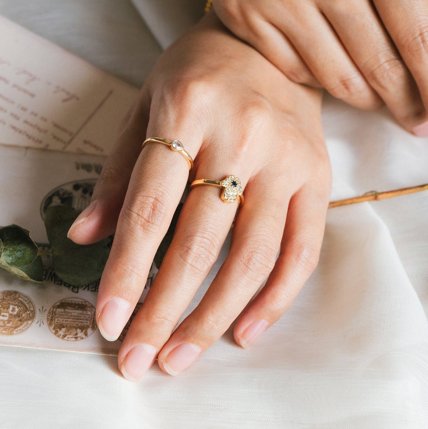 4pcs CZ Pave Gold Hamsa Ring, Hand of Fatima Ring, Protection Ring, Adjustable Ring (#JZ-026-B)