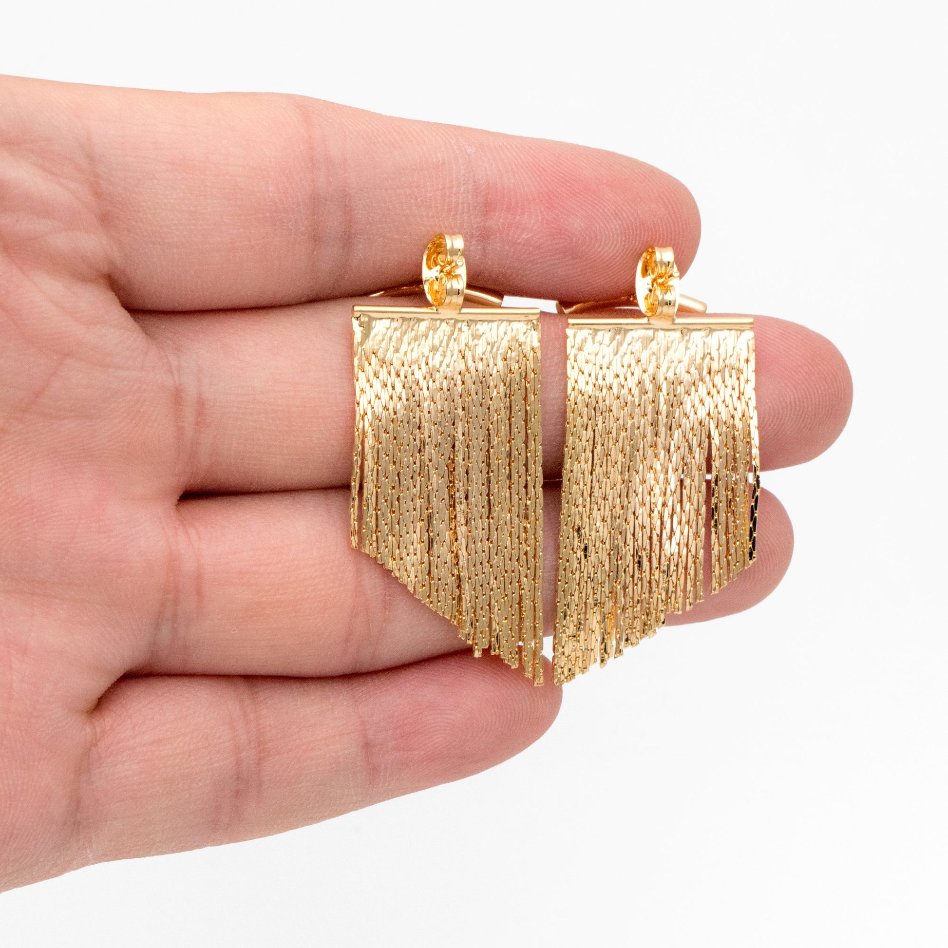 4pcs Gold Curved Bar Ear Post with Tassel Ear Back, 18K Gold plated Brass, Tassel Stud Earring, Dainty Dangling Earrings (GB-3763)