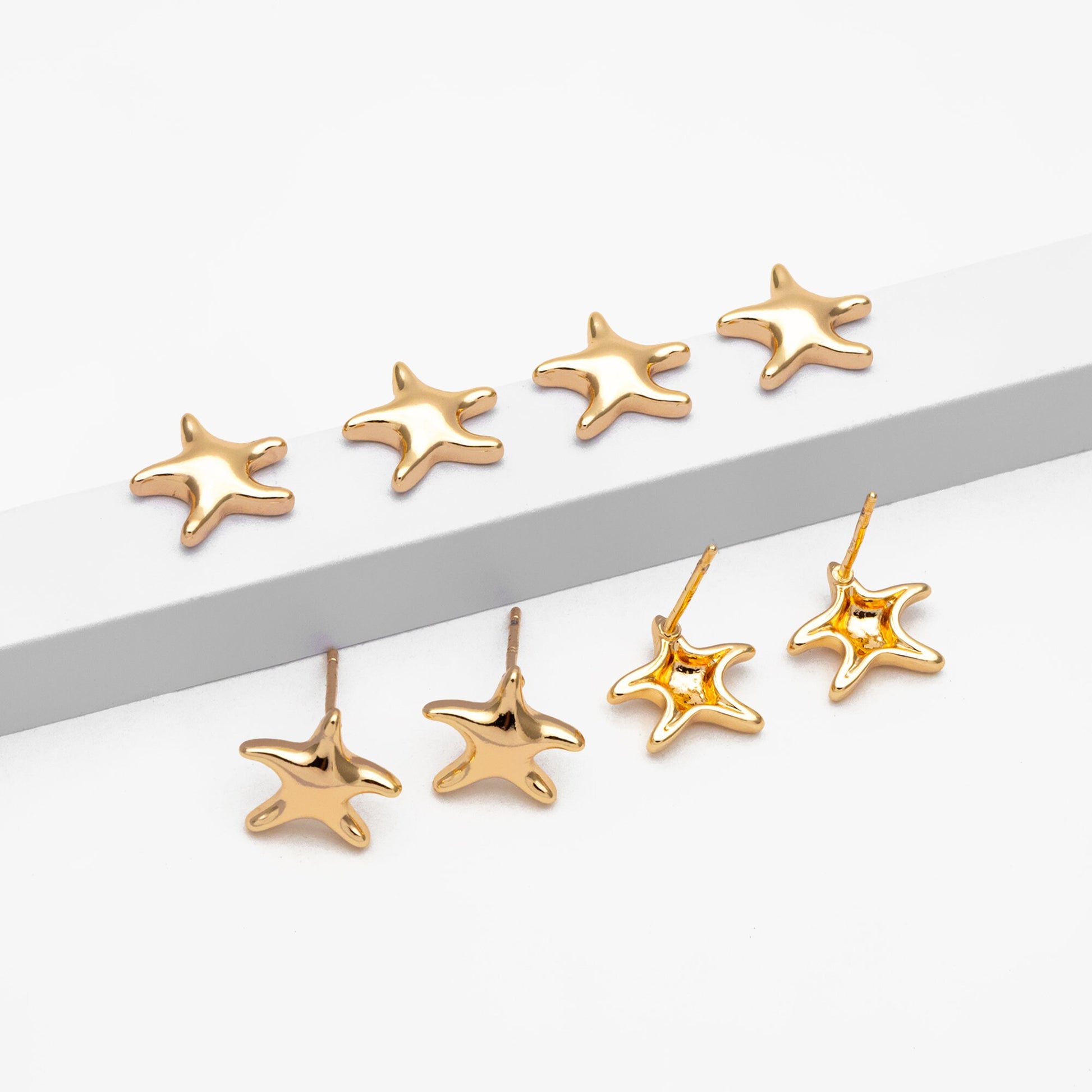 10pcs Gold Starfish Ear Post, Real Gold Plated Brass Star Stud Earrings (#GB-3718)