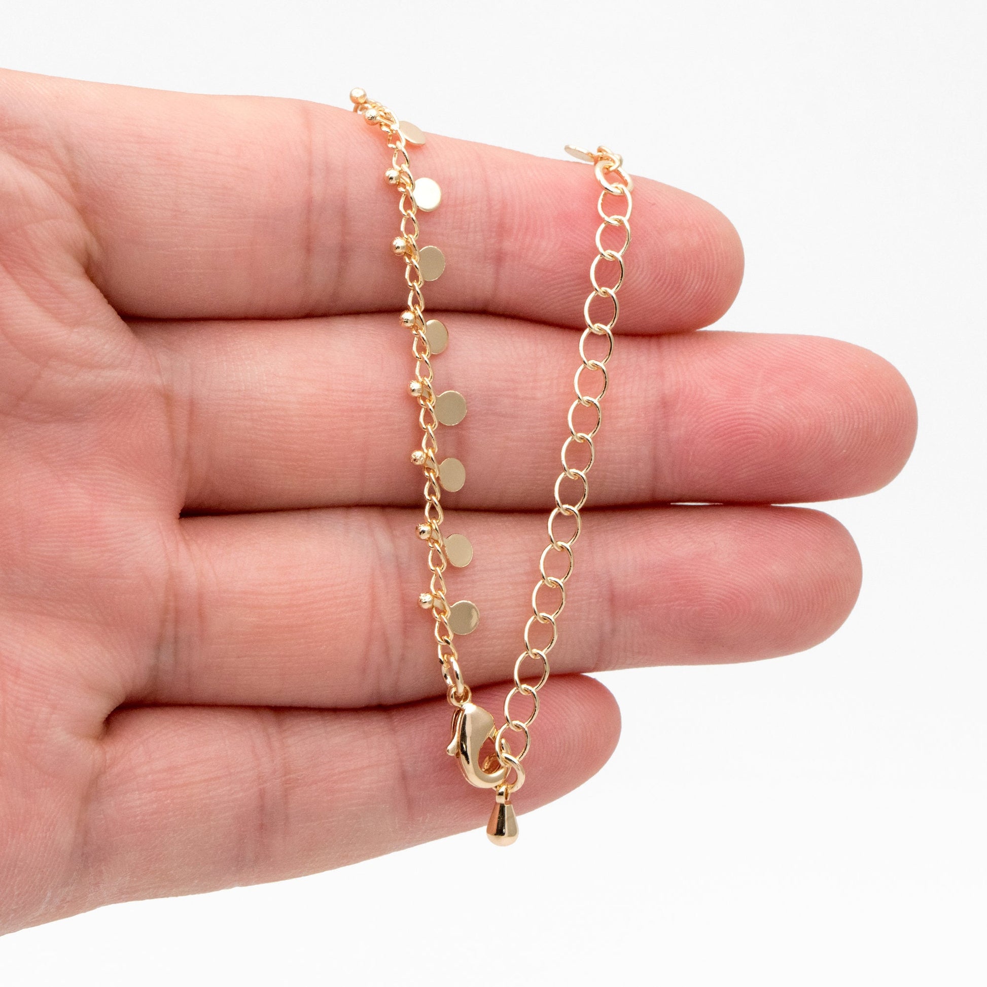 Gold/ Silver Disc Chain Bracelet/ Anklet/ Necklace, Gold/ Rhodium plated Brass, 16-18 inch with Extender Adjustable, Ready to Wear (#LK-431)