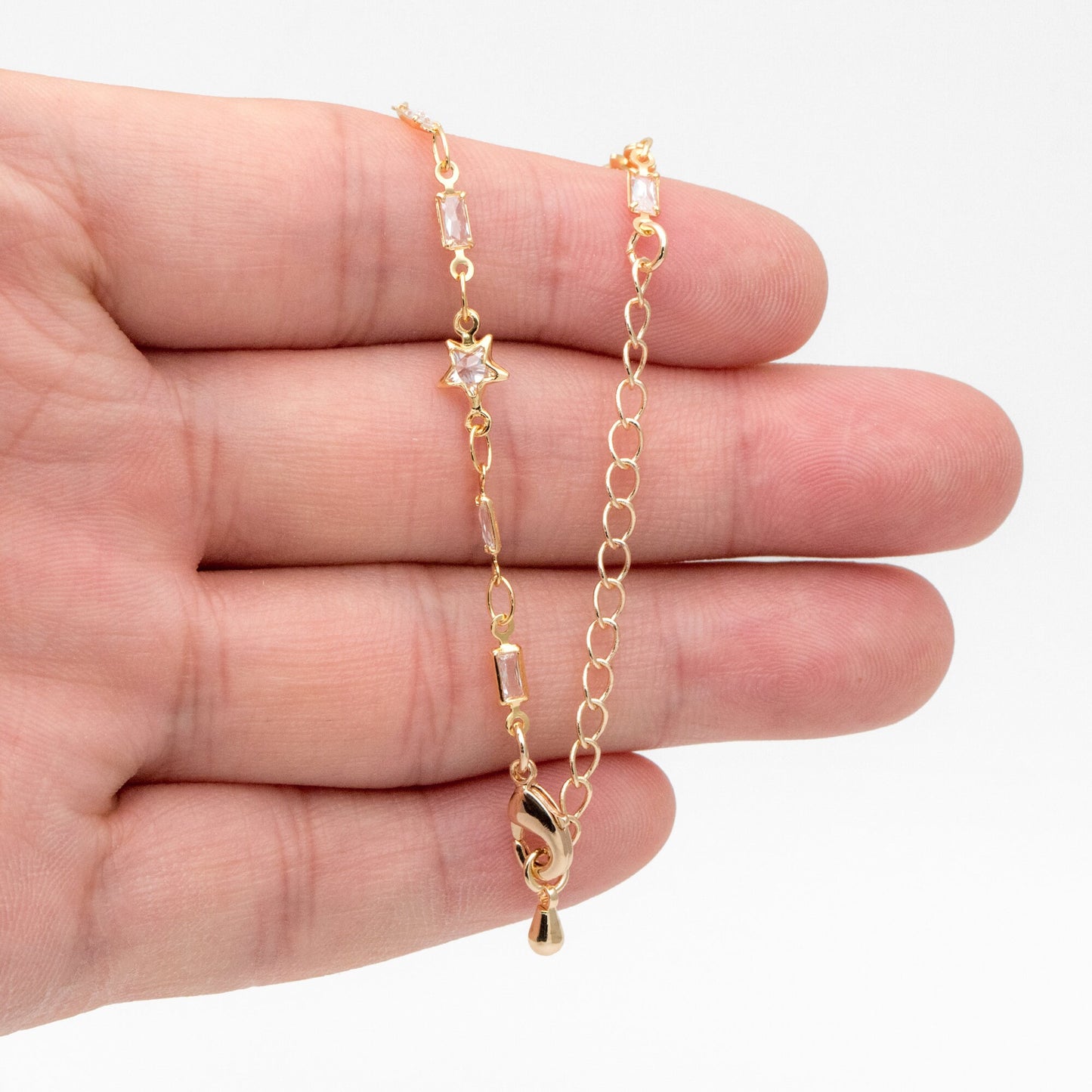 Gold CZ pave Rectangle and Star Bezel Connector Chain, Finished Bracelet/ Anklet/ Necklace with Extender, Ready to Wear (#LK-559)