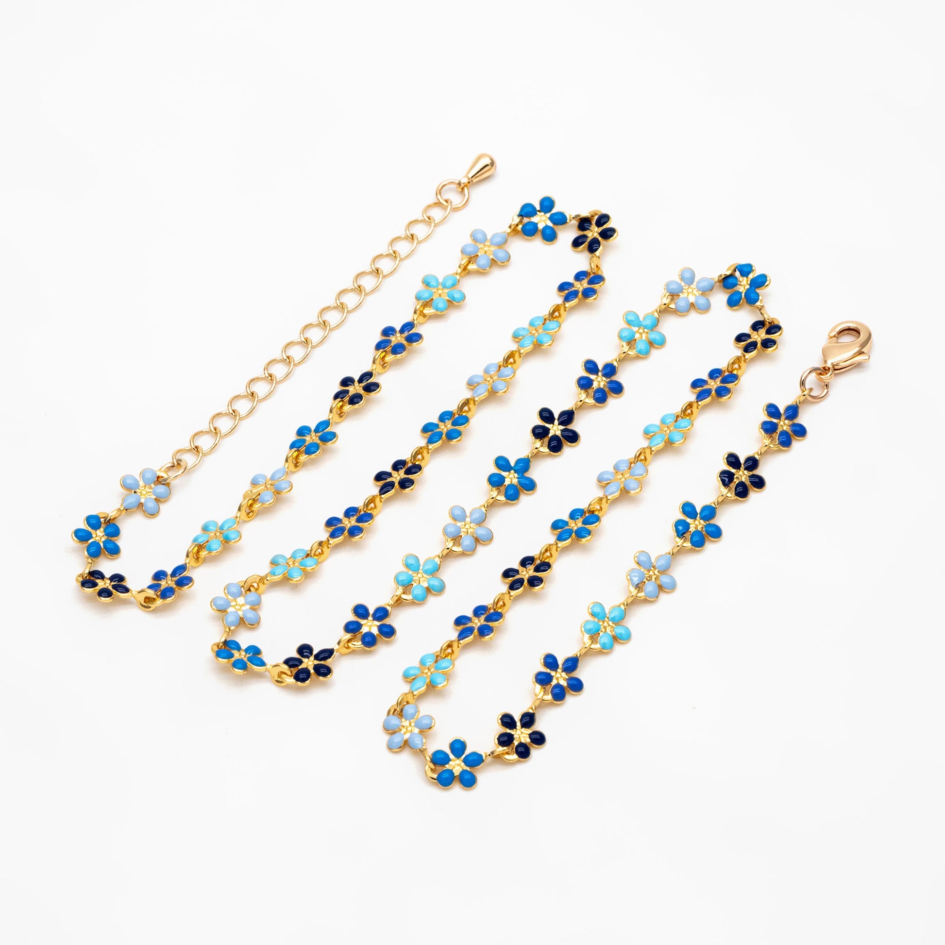 Gold plated Enamel Flower Chain, Finished Bracelet/ Anklet/ Necklace with Extender Chain, 16-18 inch Adjustable, Ready to Wear (#LK-581-1)