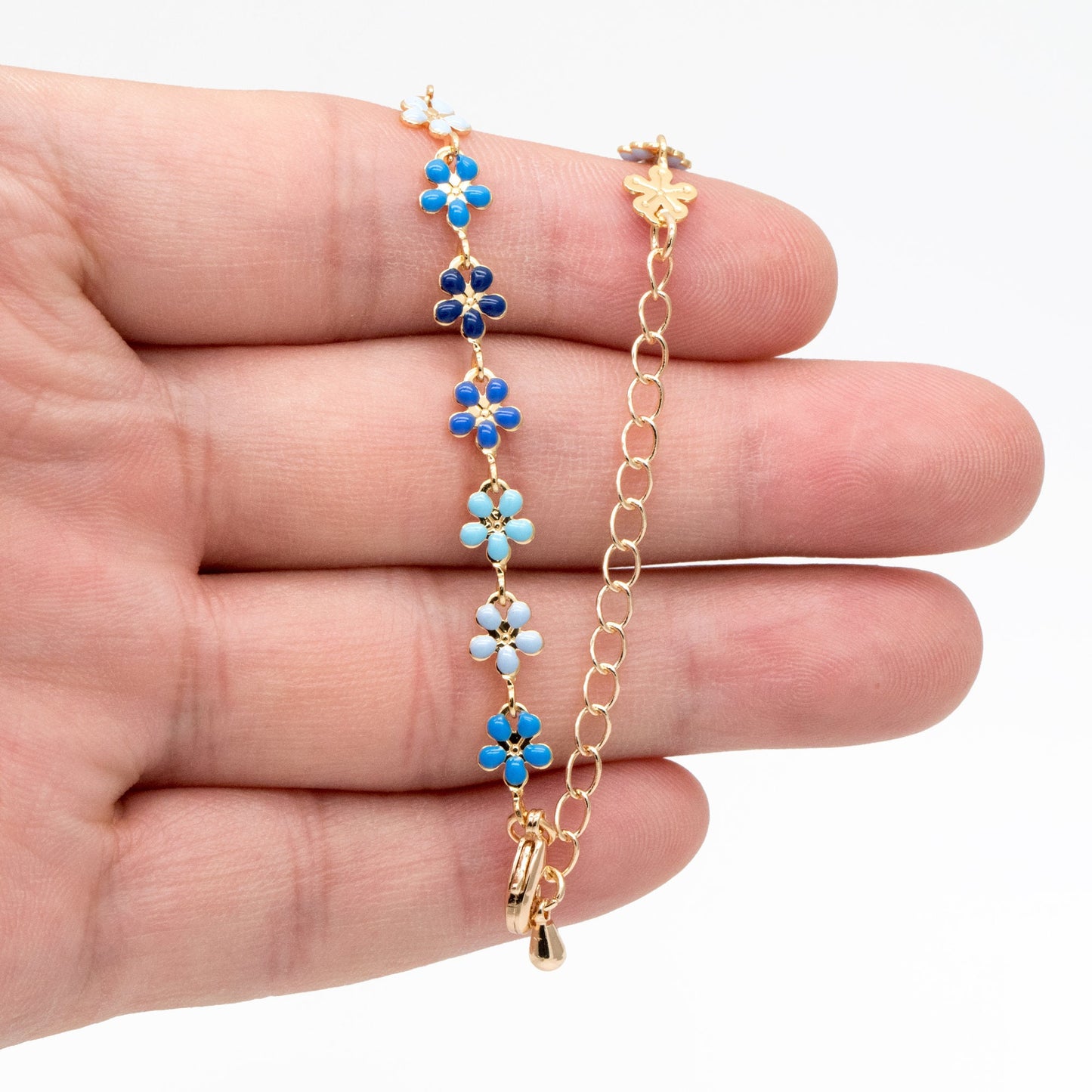 Gold plated Enamel Flower Chain, Finished Bracelet/ Anklet/ Necklace with Extender Chain, 16-18 inch Adjustable, Ready to Wear (#LK-581-1)