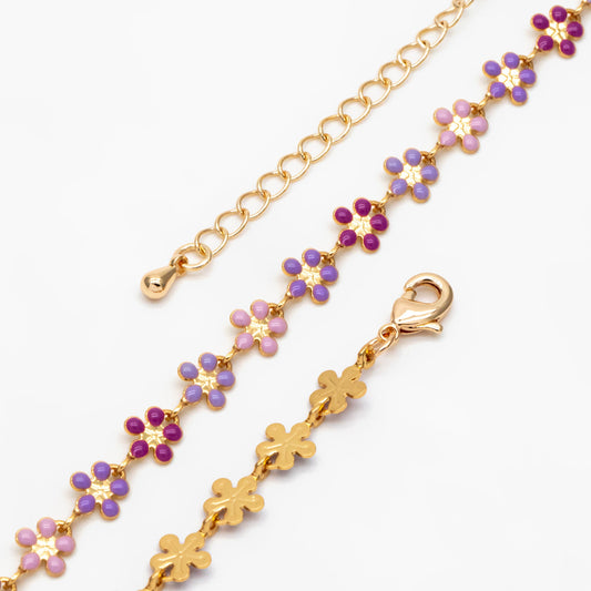 Gold plated Enamel Flower Chain, Finished Bracelet/ Anklet/ Necklace with Extender Chain, Ready to Wear (#LK-581-C)
