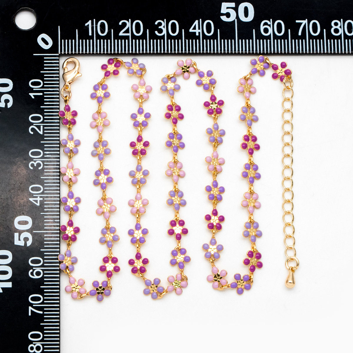 Gold plated Enamel Flower Chain, Finished Bracelet/ Anklet/ Necklace with Extender Chain, Ready to Wear (#LK-581-C)
