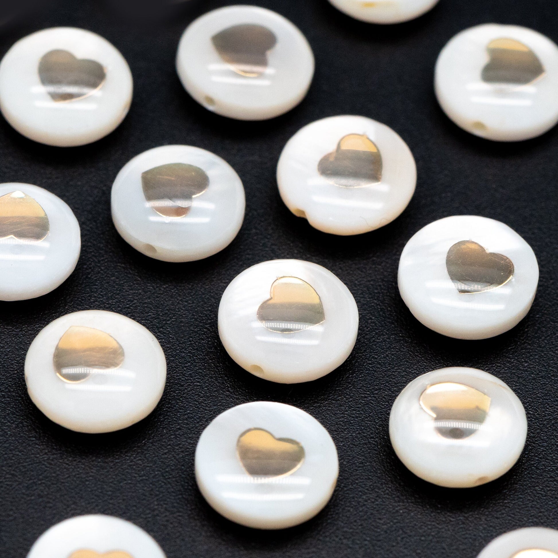 10pcs Natural Shell with Gold Heart Beads- 8mm Coin Spacer Beads- Double Sided (V1410)